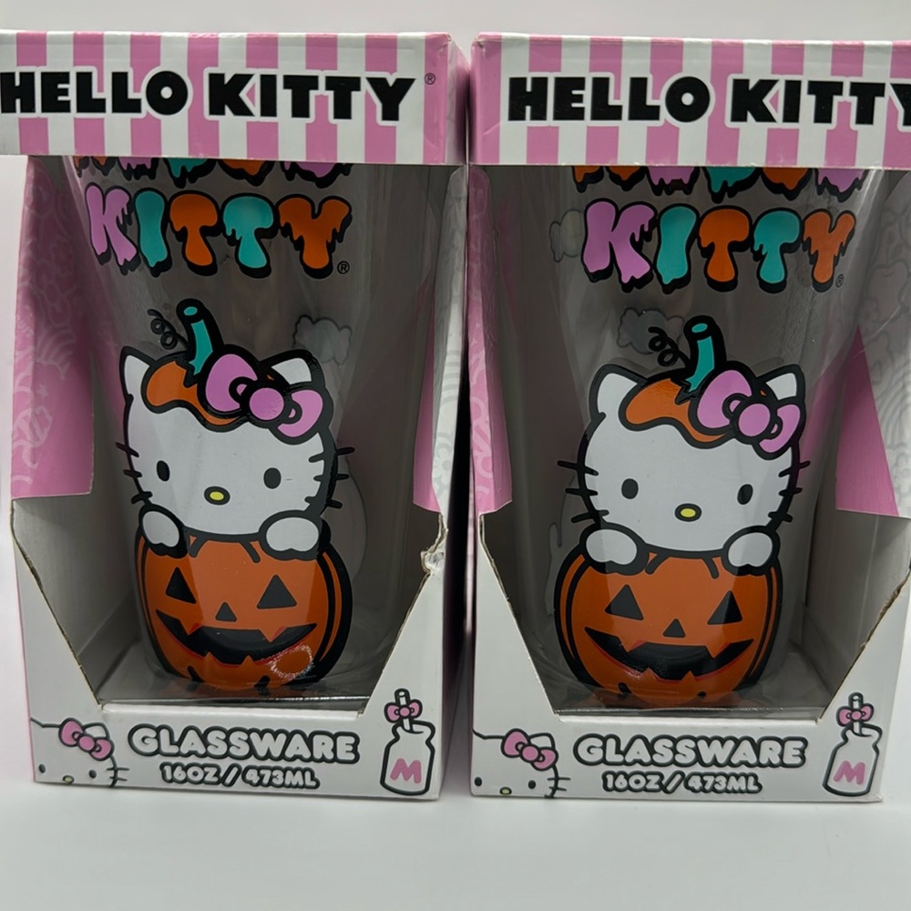 Hello Kitty Halloween Glass Set Pumpkin Jack O Lantern Cups 16oz NEW